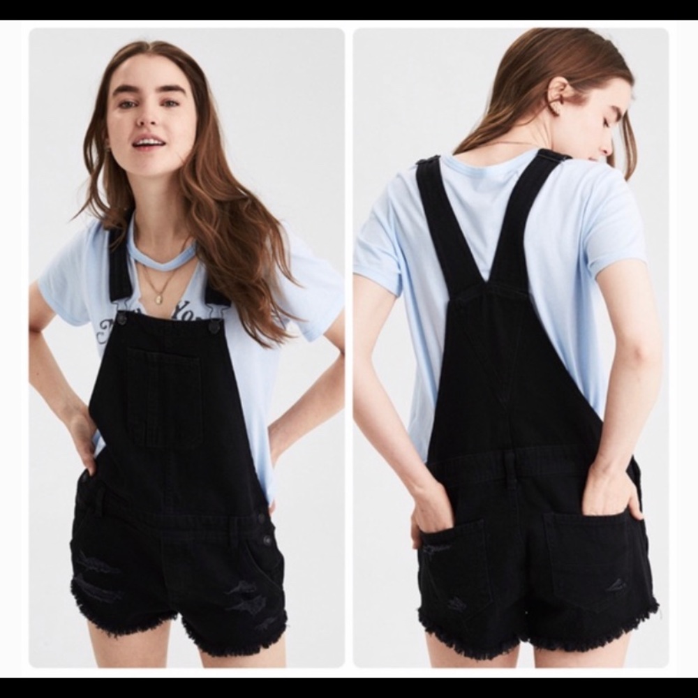 American Eagle black overall shorts